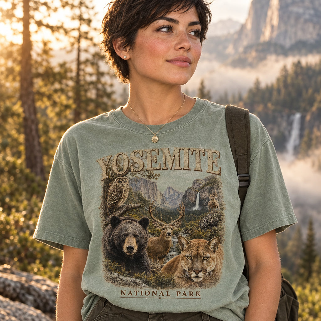 Yosemite National Park Shirt, California Wildlife Tee, Camping T-Shirt, Bear Owl Art, Deer Cougar Design, Hiking Gift