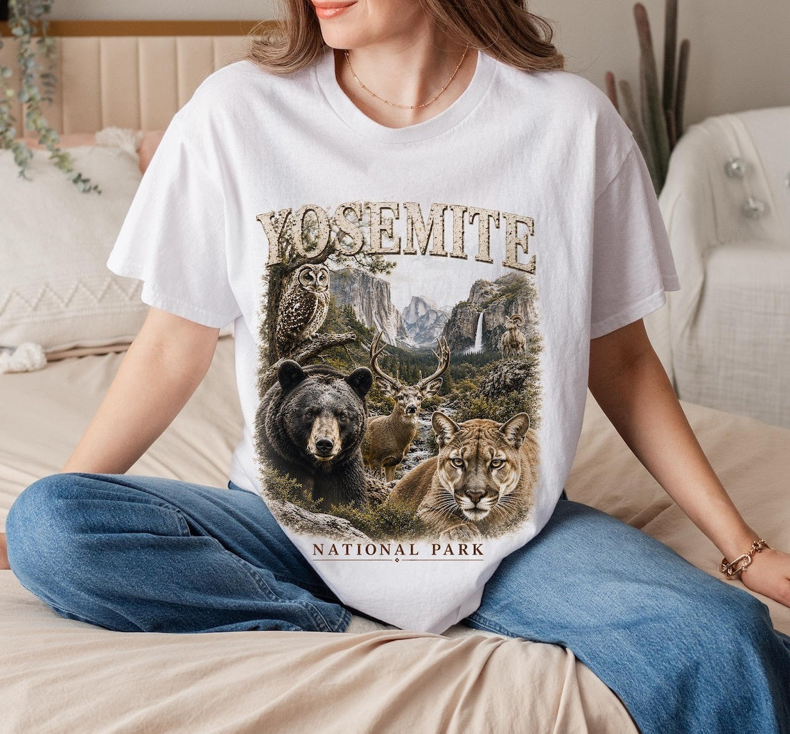 Yosemite National Park Shirt, California Wildlife Tee, Camping T-Shirt, Bear Owl Art, Deer Cougar Design, Hiking Gift