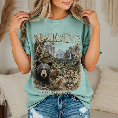 Yosemite National Park Shirt, California Wildlife Tee, Camping T-Shirt, Bear Owl Art, Deer Cougar Design, Hiking Gift