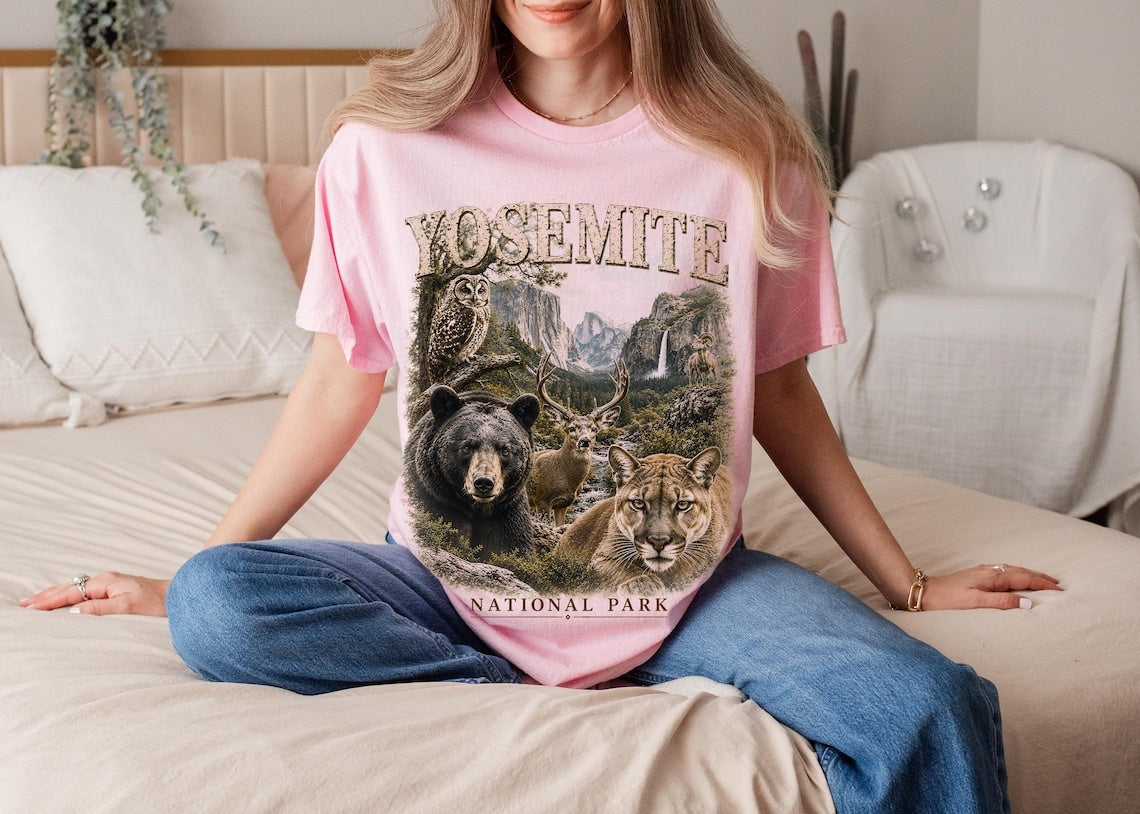 Yosemite National Park Shirt, California Wildlife Tee, Camping T-Shirt, Bear Owl Art, Deer Cougar Design, Hiking Gift