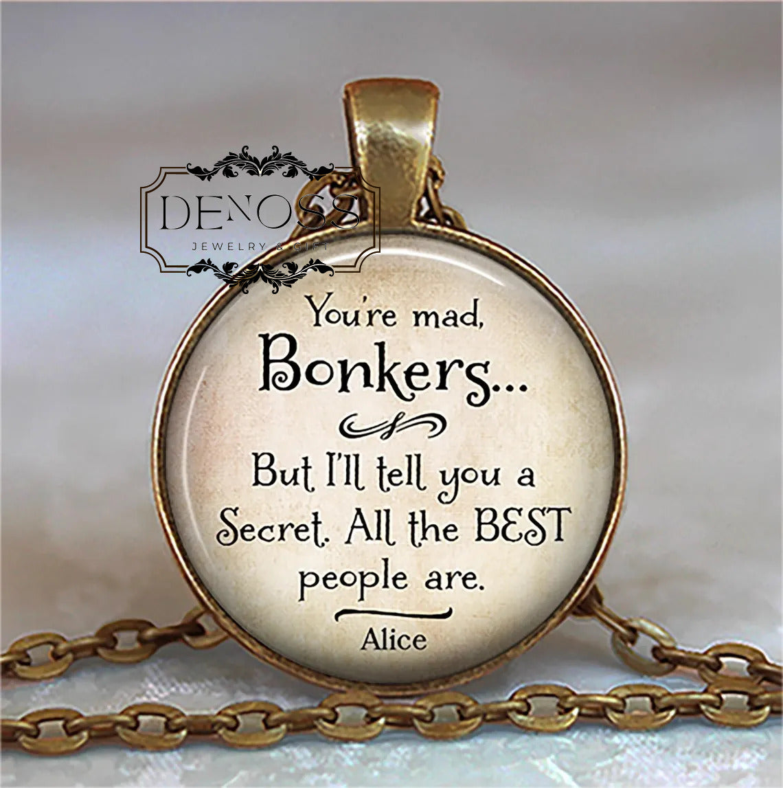 You're Mad,Bonkers Alice in Wonderland quote necklace,Alice quote literary,Cheshire Cat quote