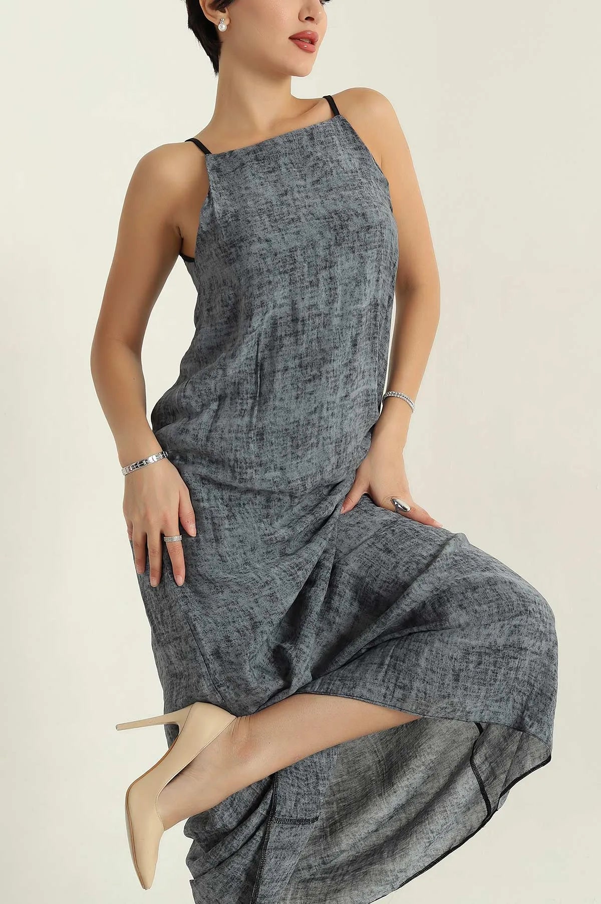 Anthracite Lined Strappy Woven Dress