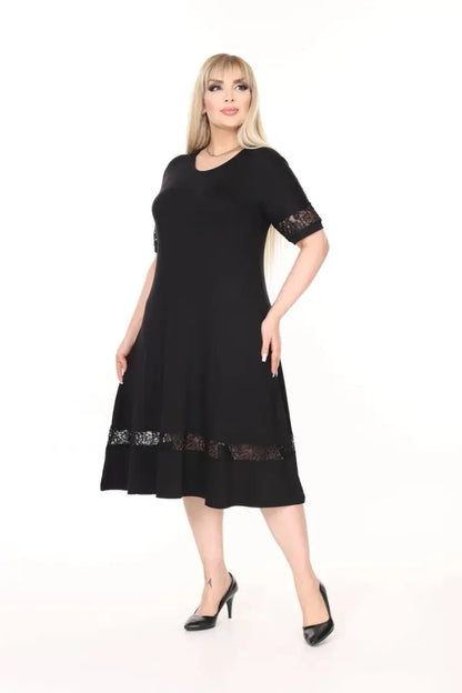 Plus Size Midi Dress with Black Lace Details - Denoss