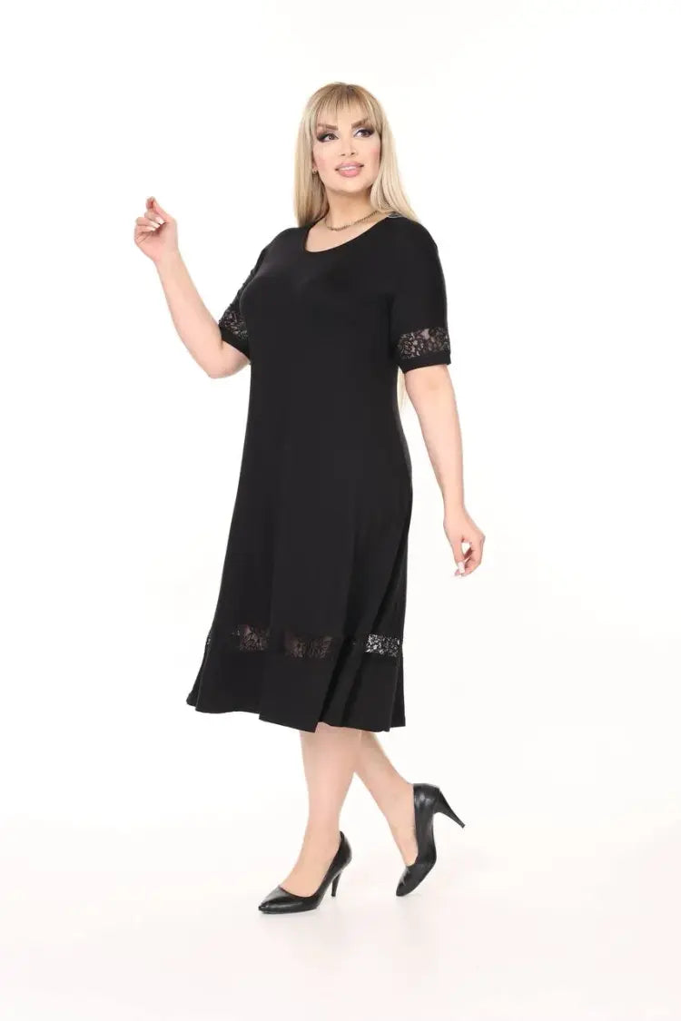 Plus Size Midi Dress with Black Lace Details - Denoss