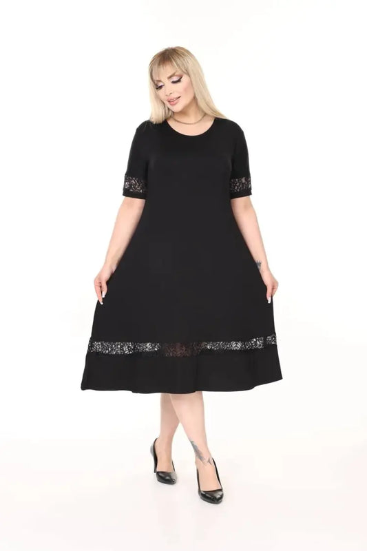 Plus Size Midi Dress with Black Lace Details - Denoss