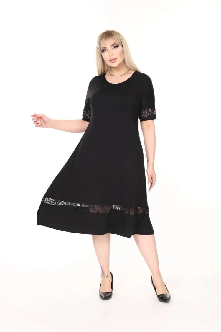 Plus Size Midi Dress with Black Lace Details - Denoss