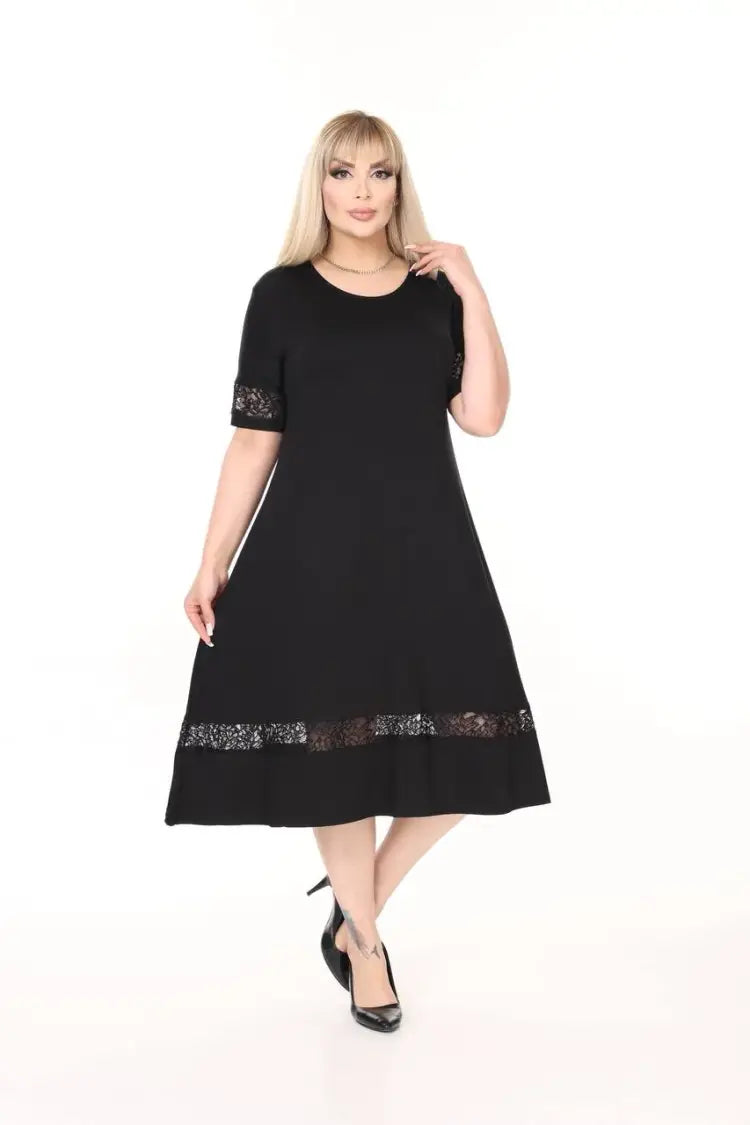 Plus Size Midi Dress with Black Lace Details - Denoss