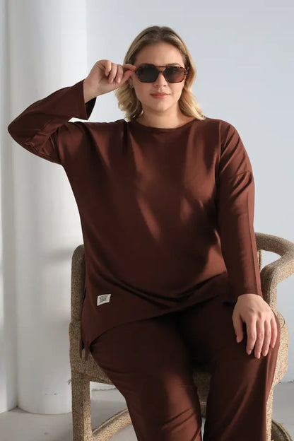 Coffee Oversize Lycra Knitted Viscose Set - Denoss