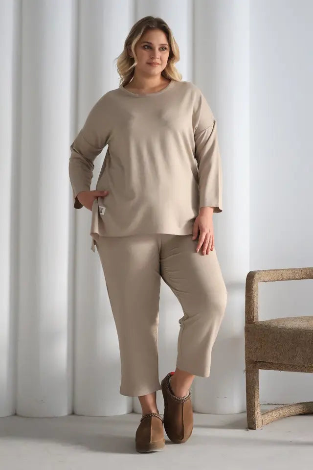 Beige Oversize Lycra Knitted Viscose Set - Denoss