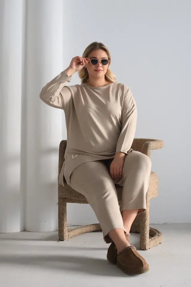 Beige Oversize Lycra Knitted Viscose Set - Denoss