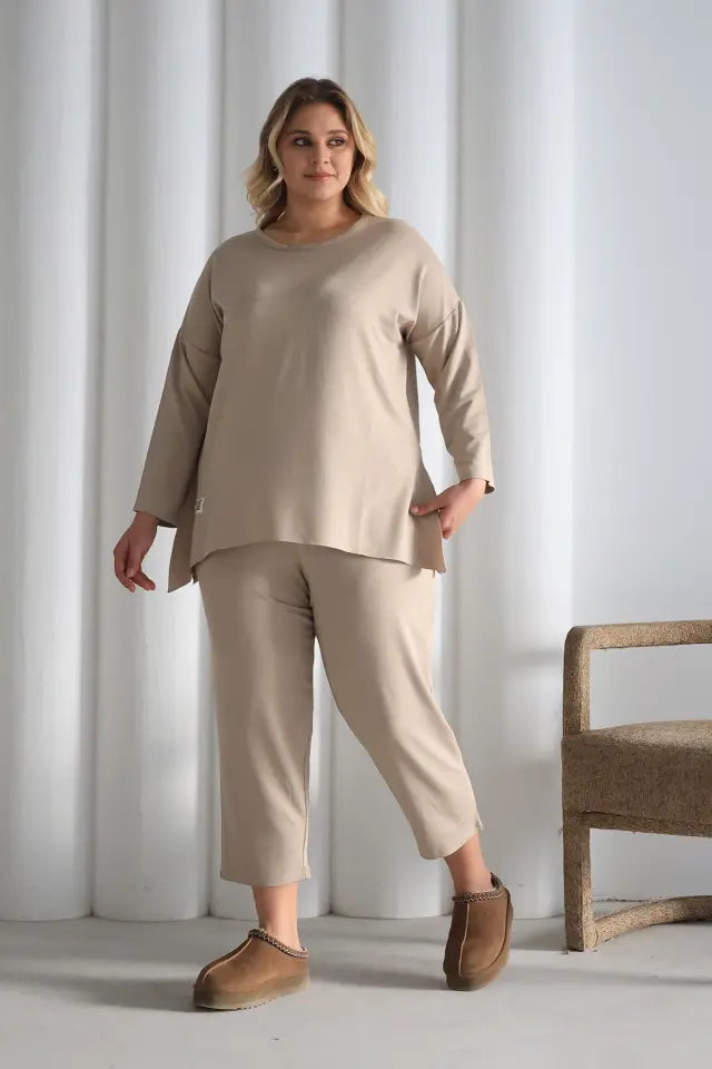 Beige Oversize Lycra Knitted Viscose Set - Denoss
