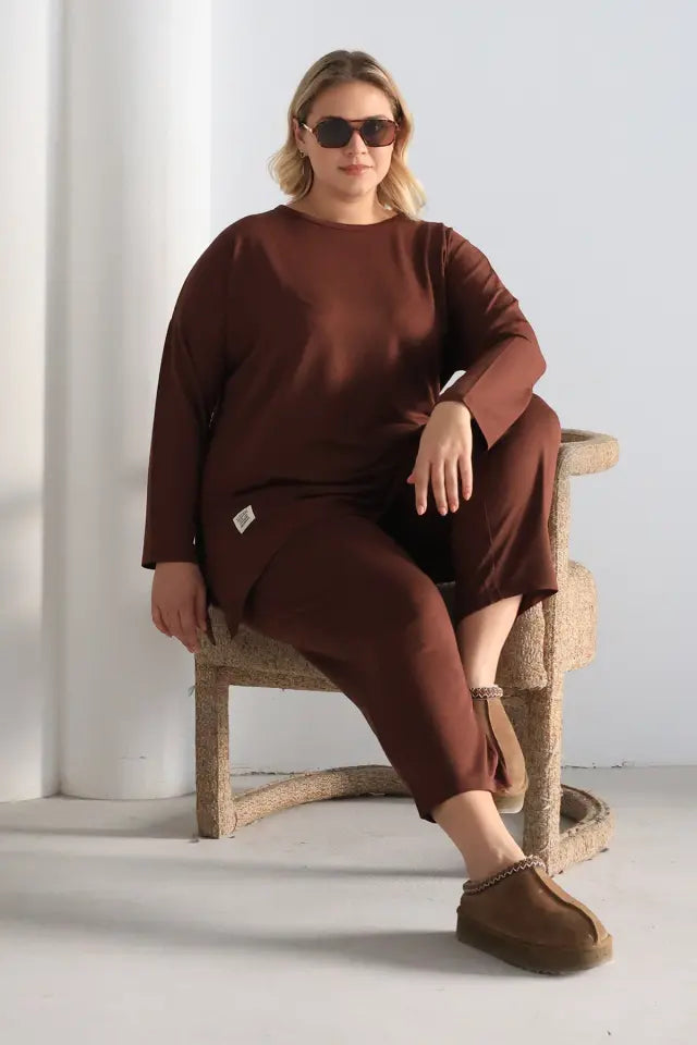 Coffee Oversize Lycra Knitted Viscose Set - Denoss