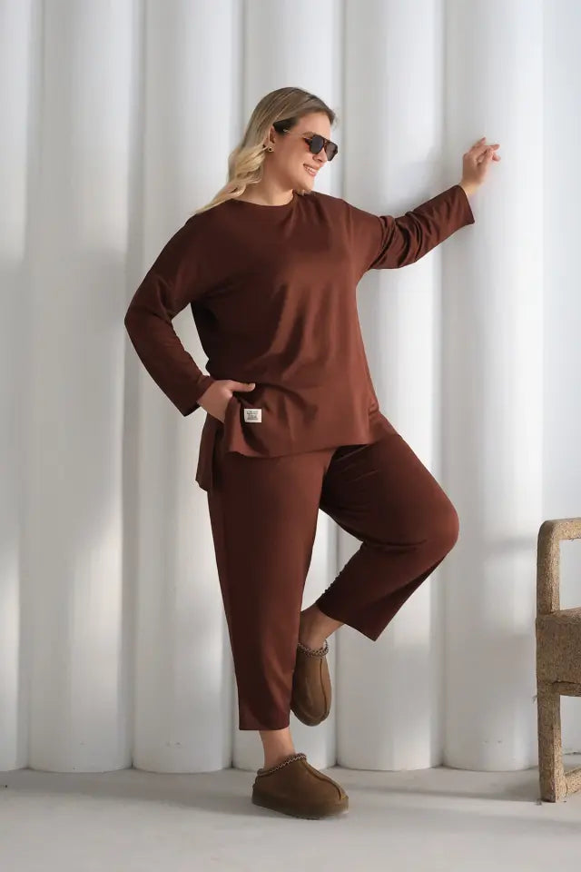 Coffee Oversize Lycra Knitted Viscose Set - Denoss