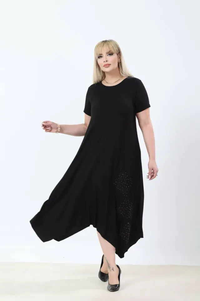 Asymmetrical Cut Skirt with Stone Embellishments Plus Size Summer Dress - Denoss