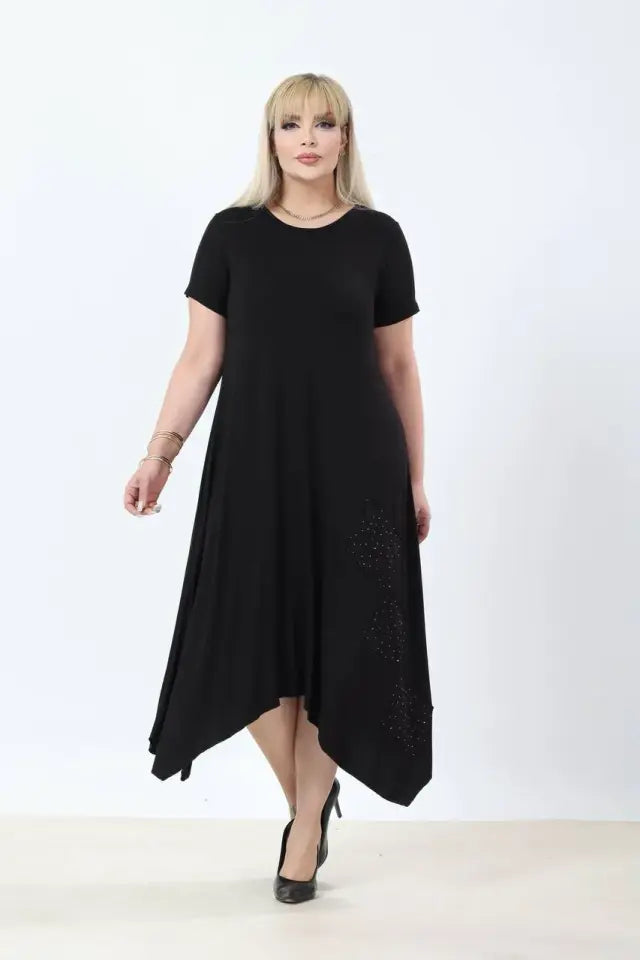 Asymmetrical Cut Skirt with Stone Embellishments Plus Size Summer Dress - Denoss