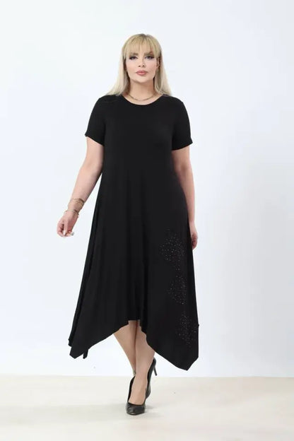 Asymmetrical Cut Skirt with Stone Embellishments Plus Size Summer Dress - Denoss
