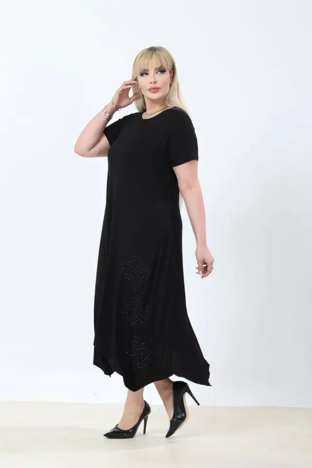 Asymmetrical Cut Skirt with Stone Embellishments Plus Size Summer Dress - Denoss