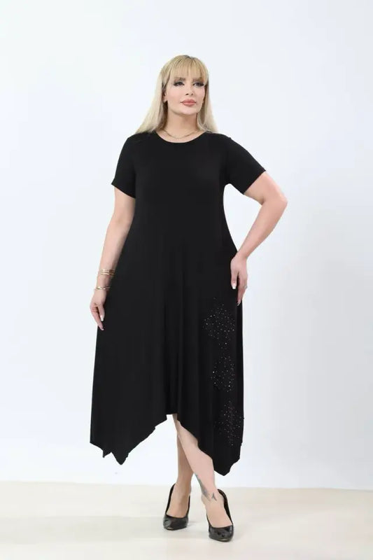 Asymmetrical Cut Skirt with Stone Embellishments Plus Size Summer Dress - Denoss