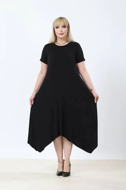 Asymmetrical Cut Skirt with Stone Embellishments Plus Size Summer Dress - Denoss