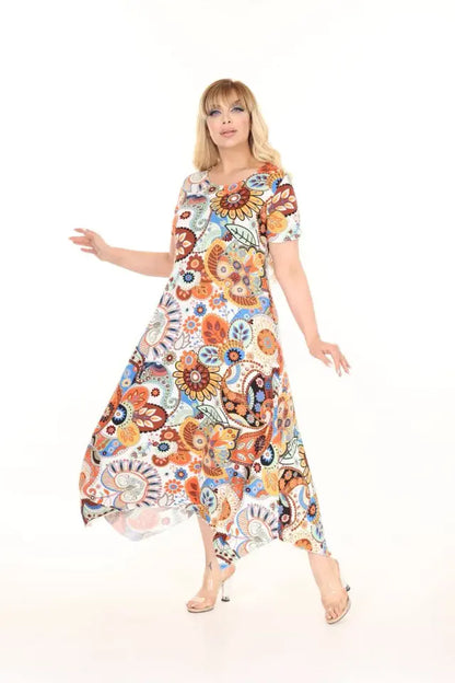 Asymmetrical Cut Ethnic Shawl Pattern Plus Size Summer Dress - Denoss