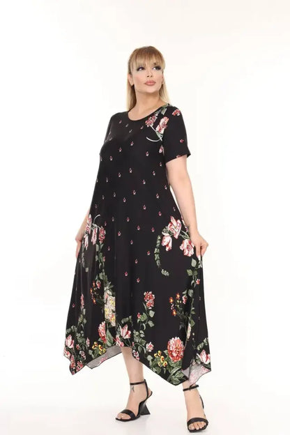 Asymmetrical Cut Floral Pattern Plus Size Summer Dress - Denoss