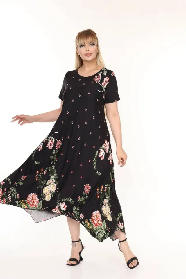 Asymmetrical Cut Floral Pattern Plus Size Summer Dress - Denoss