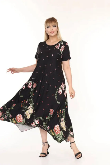 Asymmetrical Cut Floral Pattern Plus Size Summer Dress - Denoss