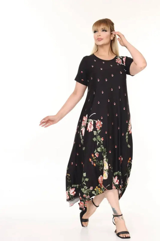 Asymmetrical Cut Floral Pattern Plus Size Summer Dress - Denoss