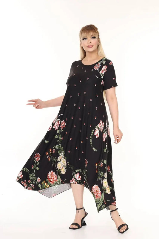 Asymmetrical Cut Floral Pattern Plus Size Summer Dress - Denoss