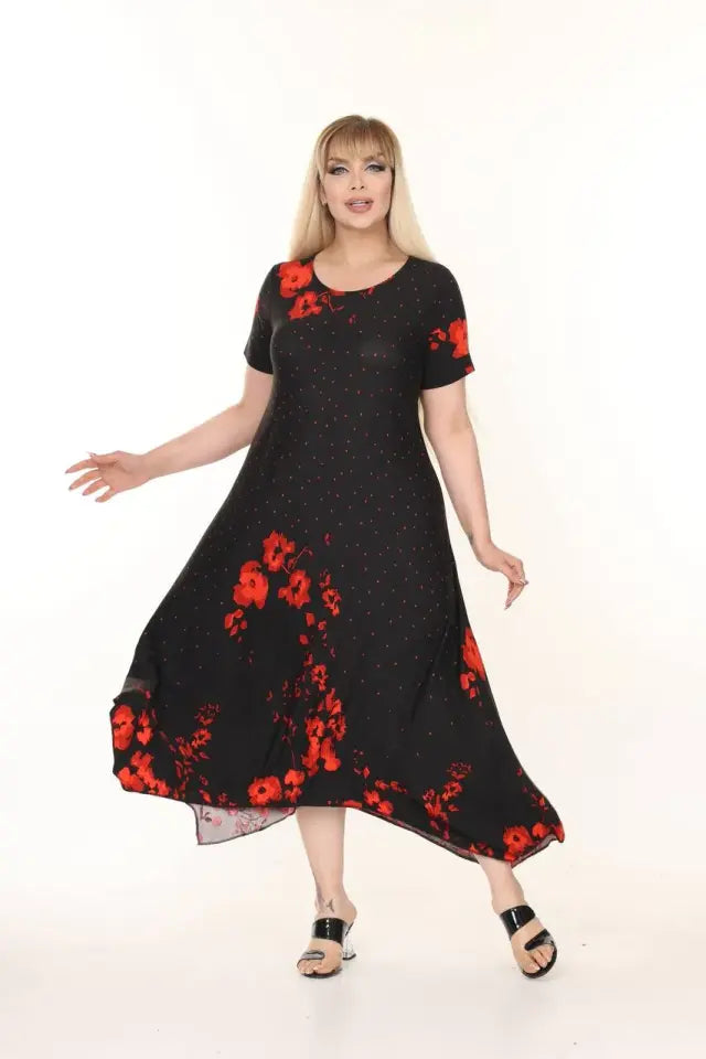Asymmetrical Cut Red Rose Pattern Plus Size Summer Dress - Denoss