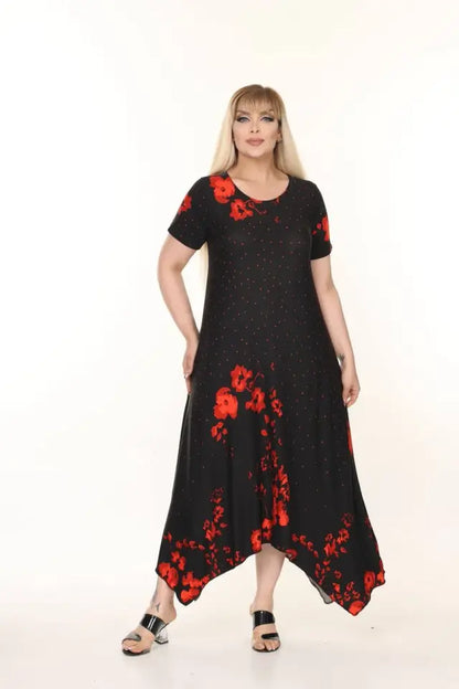 Asymmetrical Cut Red Rose Pattern Plus Size Summer Dress - Denoss