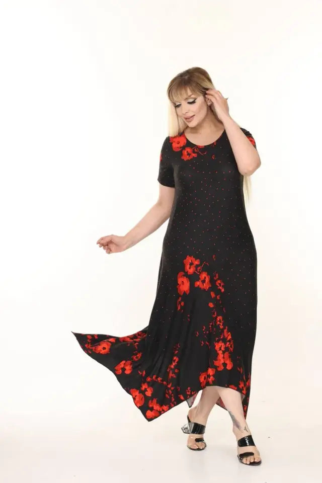 Asymmetrical Cut Red Rose Pattern Plus Size Summer Dress - Denoss