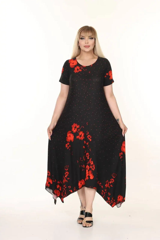 Asymmetrical Cut Red Rose Pattern Plus Size Summer Dress - Denoss
