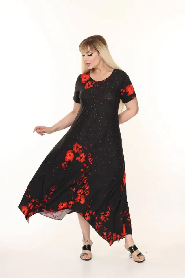 Asymmetrical Cut Red Rose Pattern Plus Size Summer Dress - Denoss