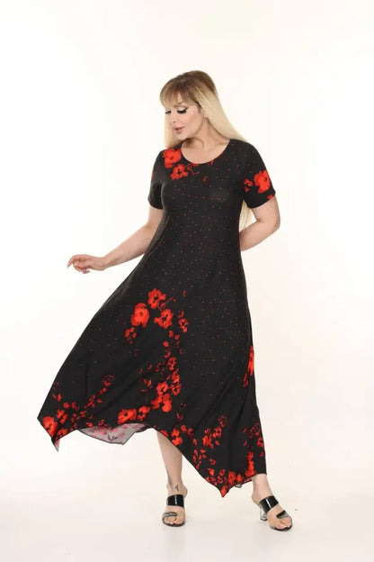 Asymmetrical Cut Red Rose Pattern Plus Size Summer Dress - Denoss