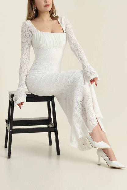 White Lined Spanish Sleeve Lace Women's Dress - Denoss