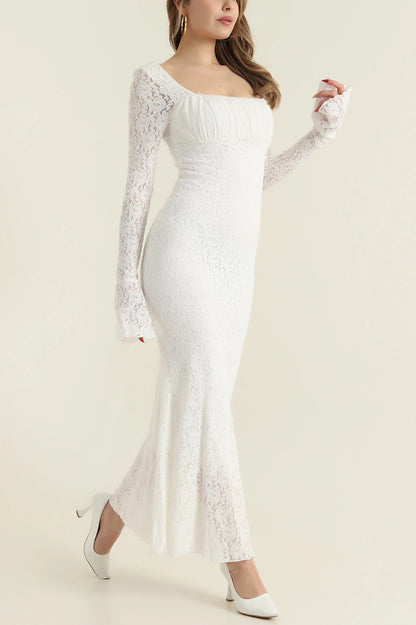 White Lined Spanish Sleeve Lace Women's Dress - Denoss