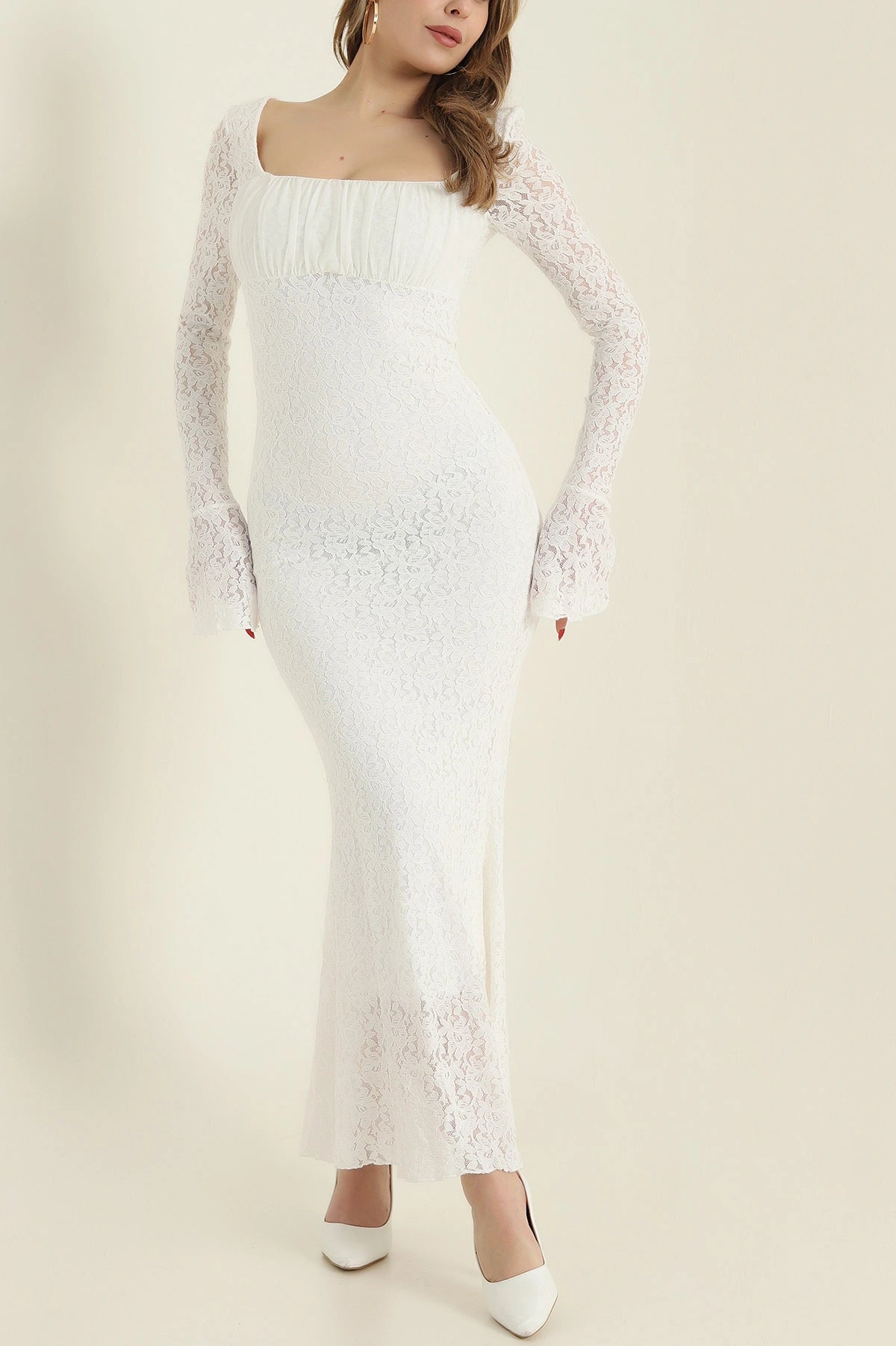 White Lined Spanish Sleeve Lace Women's Dress - Denoss