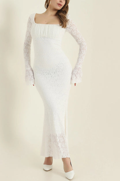 White Lined Spanish Sleeve Lace Women's Dress - Denoss