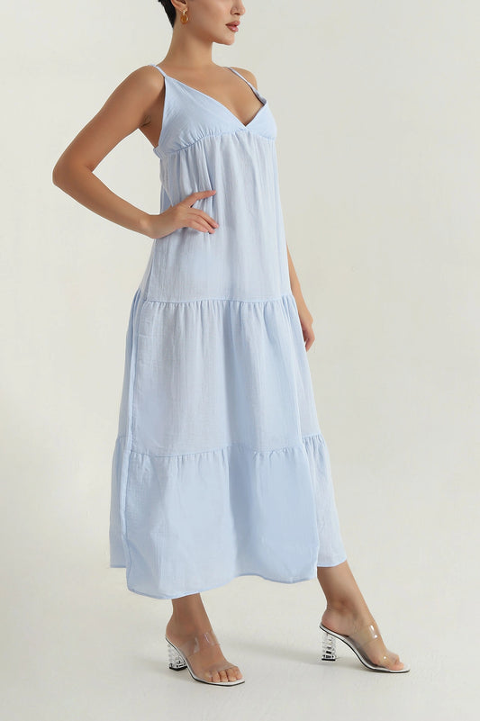 Baby Blue Muslin Linen Lined Women's Dress