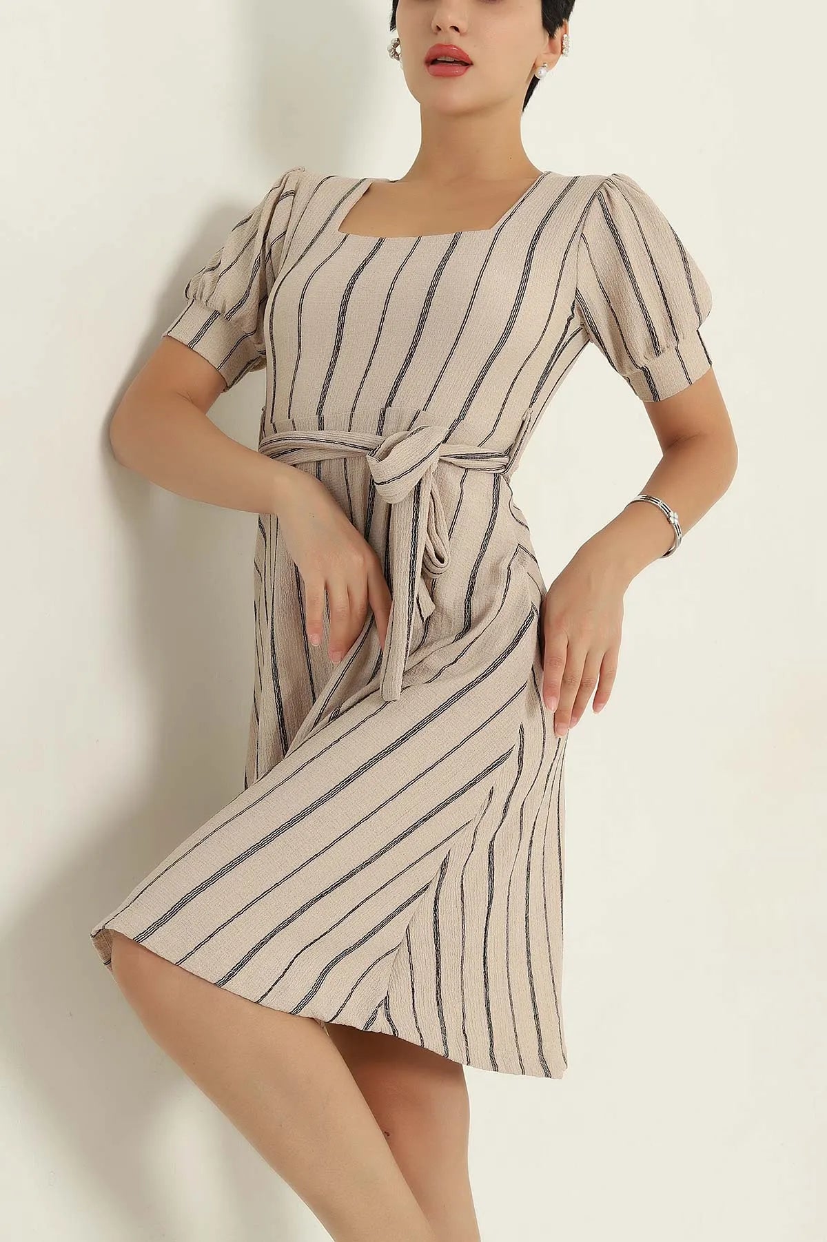 Beige Square Collar Women's Dress