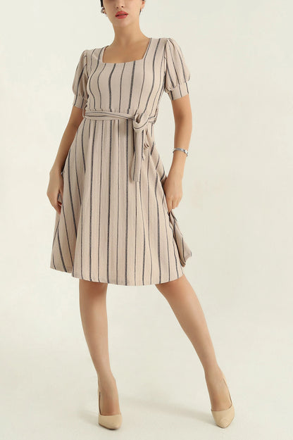 Beige Square Collar Women's Dress