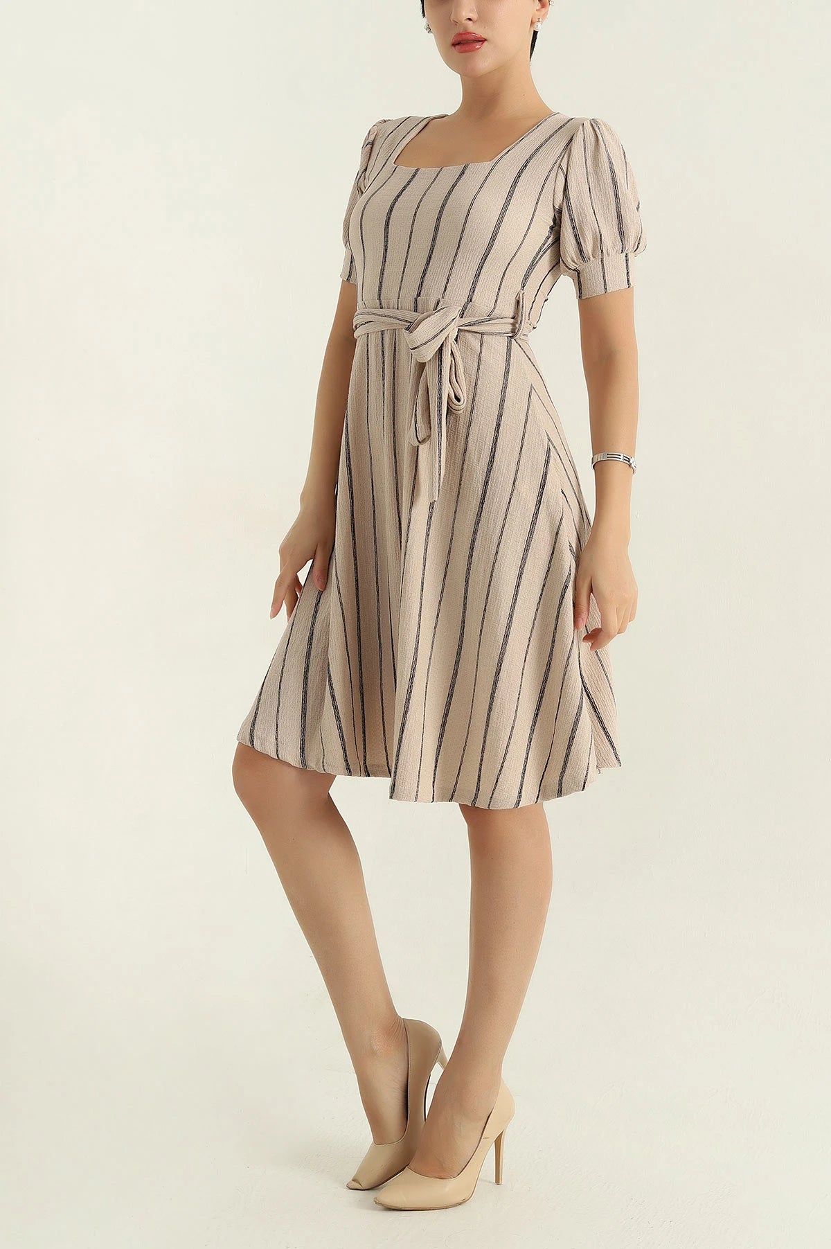 Beige Square Collar Women's Dress