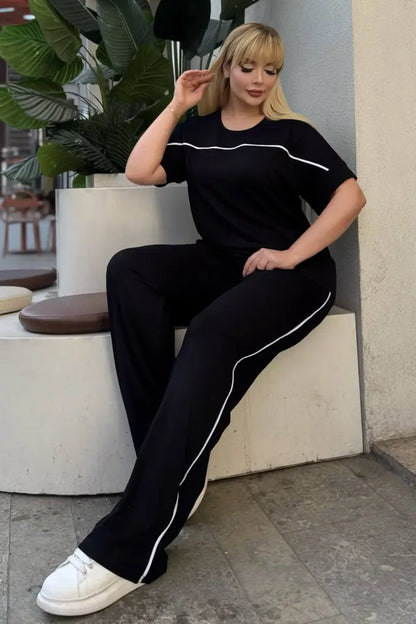 Black Comfortable High-Waisted Two-Piece Set with White Piping Details and Pockets - Denoss