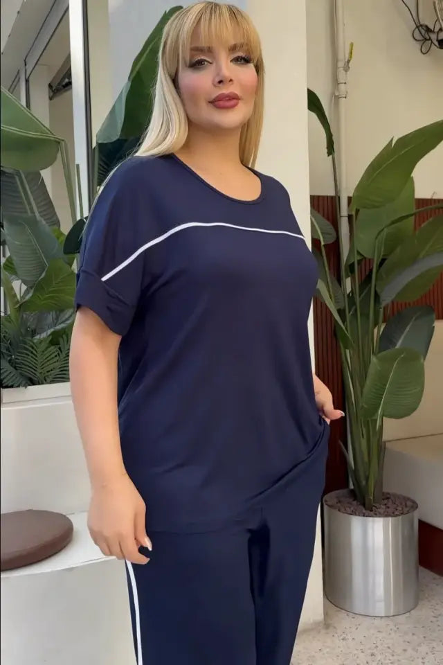 Navy Blue Comfortable High-Waisted Two-Piece Set with White Piping Details and Pockets - Denoss