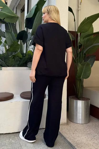 Black Comfortable High-Waisted Two-Piece Set with White Piping Details and Pockets - Denoss