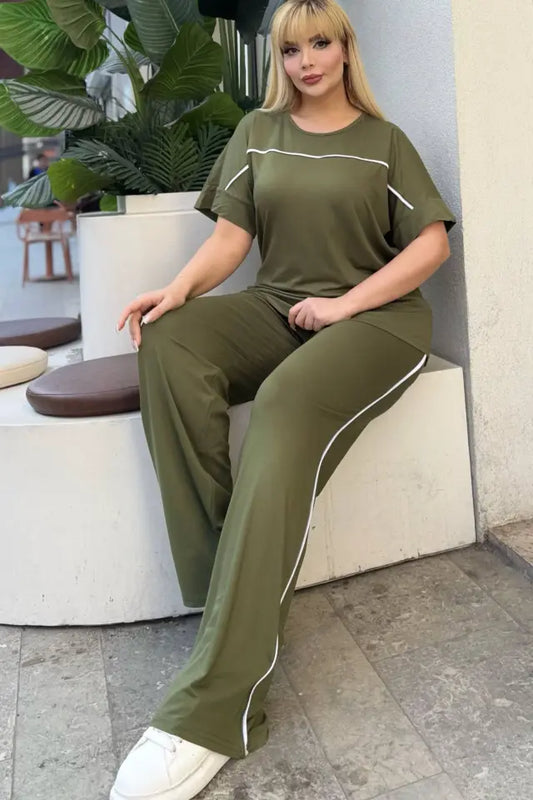 Khaki Comfortable High-Waisted Two-Piece Set with White Piping Details and Pockets - Denoss