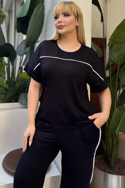 Black Comfortable High-Waisted Two-Piece Set with White Piping Details and Pockets - Denoss