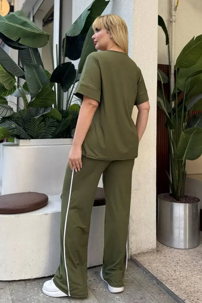Khaki Comfortable High-Waisted Two-Piece Set with White Piping Details and Pockets - Denoss