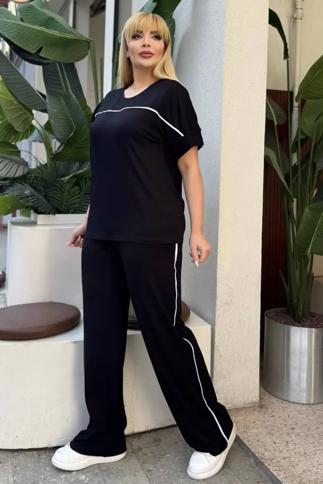 Black Comfortable High-Waisted Two-Piece Set with White Piping Details and Pockets - Denoss